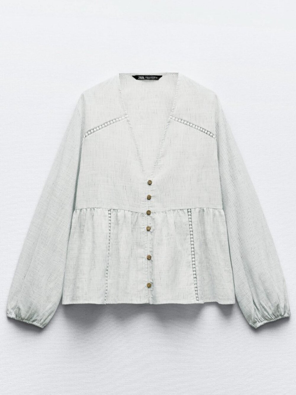 ZARA STRIPED TOP WITH LACE AND BUTTON DETAILS IN BLUE/ECRU SIZE XS